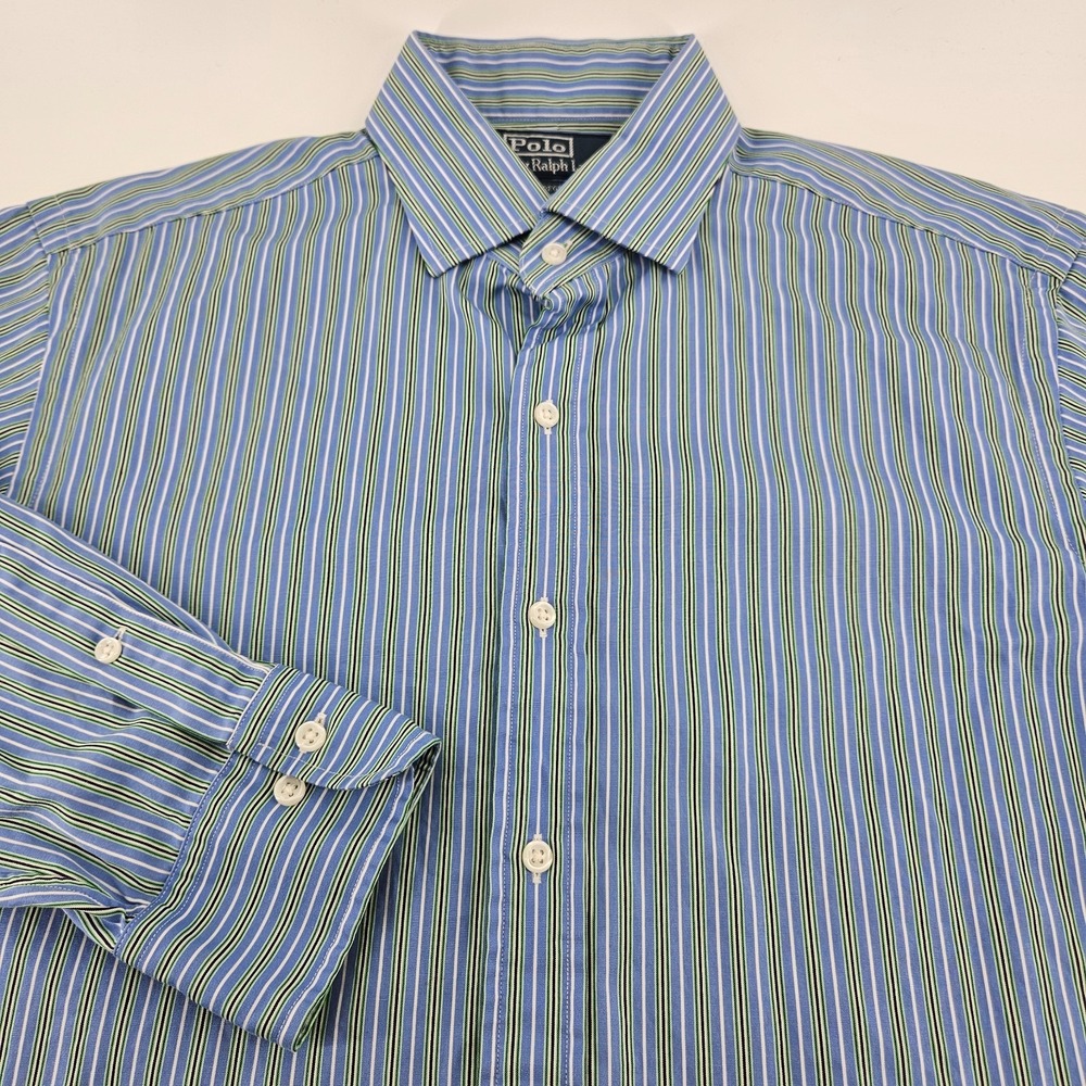 Polo Ralph Lauren Shirt Mens 16 32/33 Blue Green Striped Regent Dress Button Up